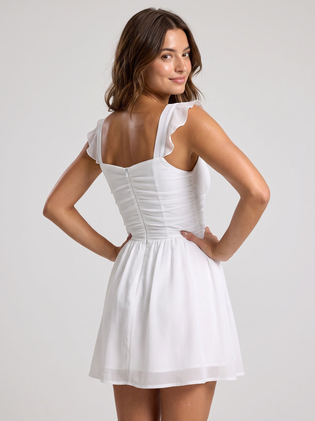 White Chiffon Sheath Sweetheart Back Zip Short Dress with Ruched Sides - Curvevia