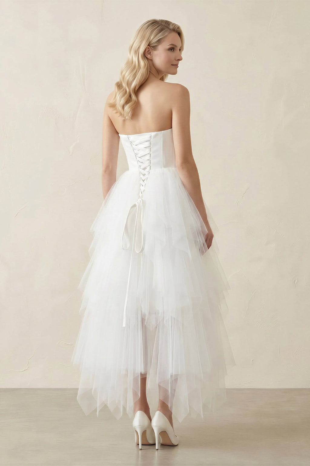 White Classic Strapless Satin High Low Wedding Dress - Curvevia
