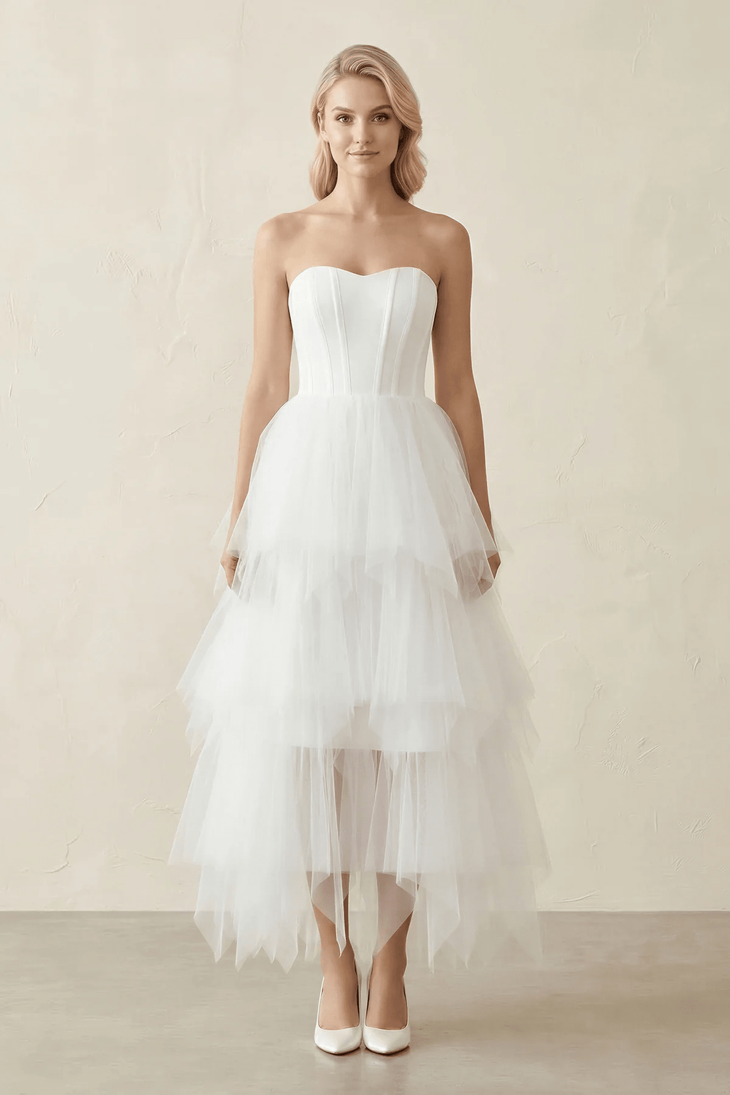 White Classic Strapless Satin High Low Wedding Dress - Curvevia
