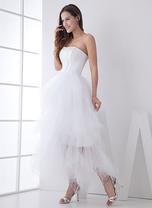 White Classic Strapless Satin High Low Wedding Dress - Curvevia