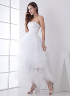 White Classic Strapless Satin High Low Wedding Dress - Curvevia