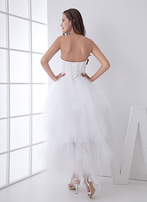 White Classic Strapless Satin High Low Wedding Dress - Curvevia