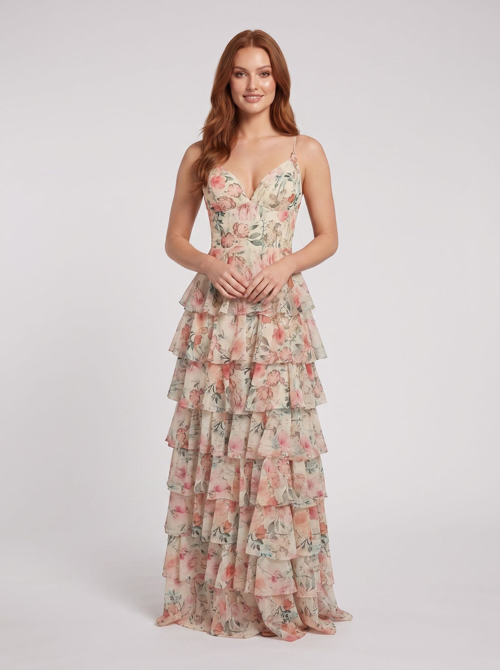 White Floral Chiffon A-Line V-Neck Lace-up Floor-Length Dress with Tiered Skirt and Slit - Curvevia