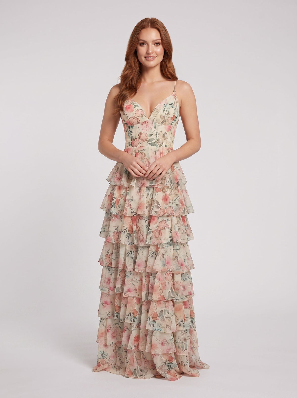 White Floral Chiffon A-Line V-Neck Lace-up Floor-Length Dress with Tiered Skirt and Slit - Curvevia