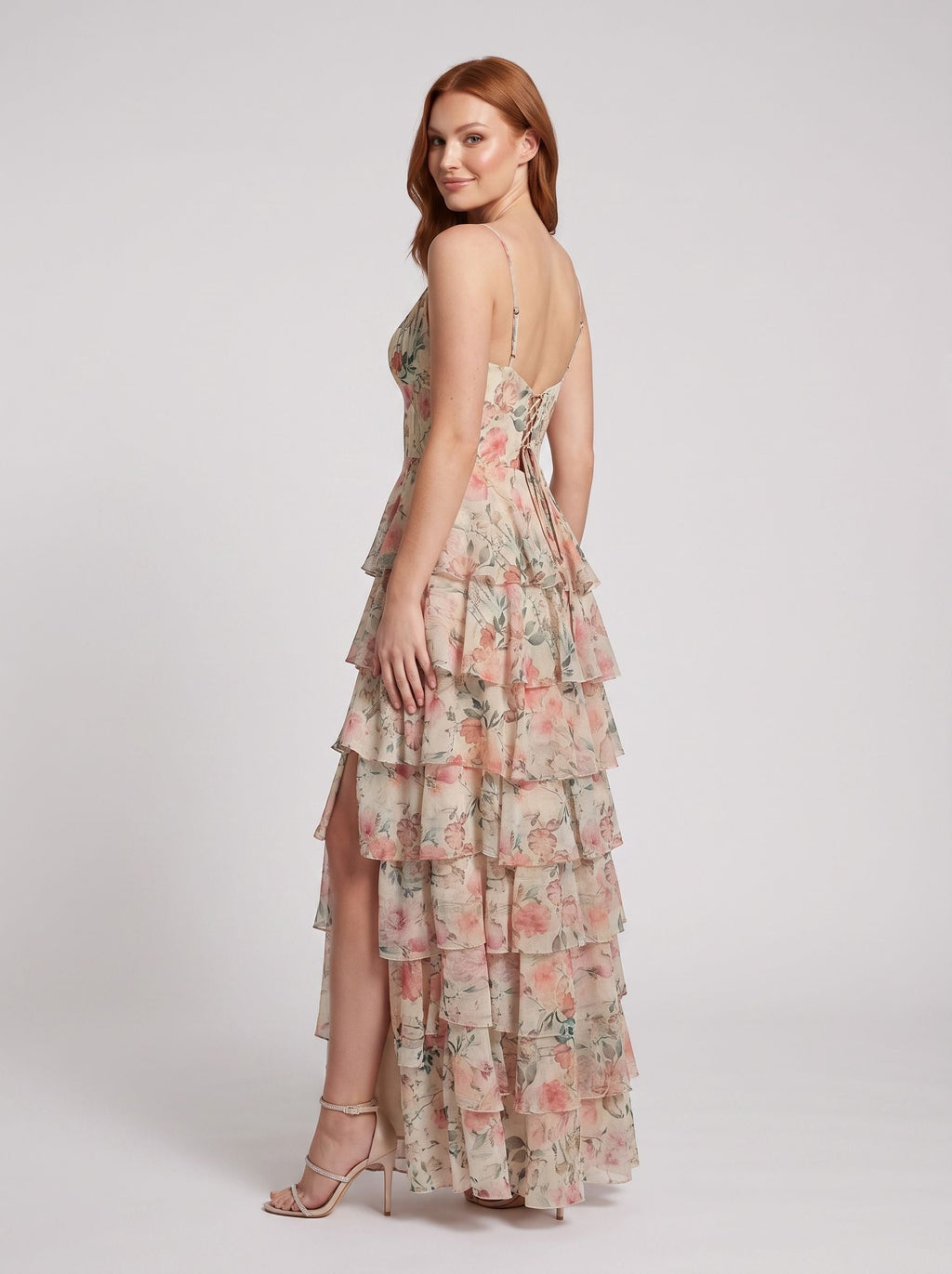 White Floral Chiffon A-Line V-Neck Lace-up Floor-Length Dress with Tiered Skirt and Slit - Curvevia