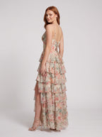 White Floral Chiffon A-Line V-Neck Lace-up Floor-Length Dress with Tiered Skirt and Slit - Curvevia