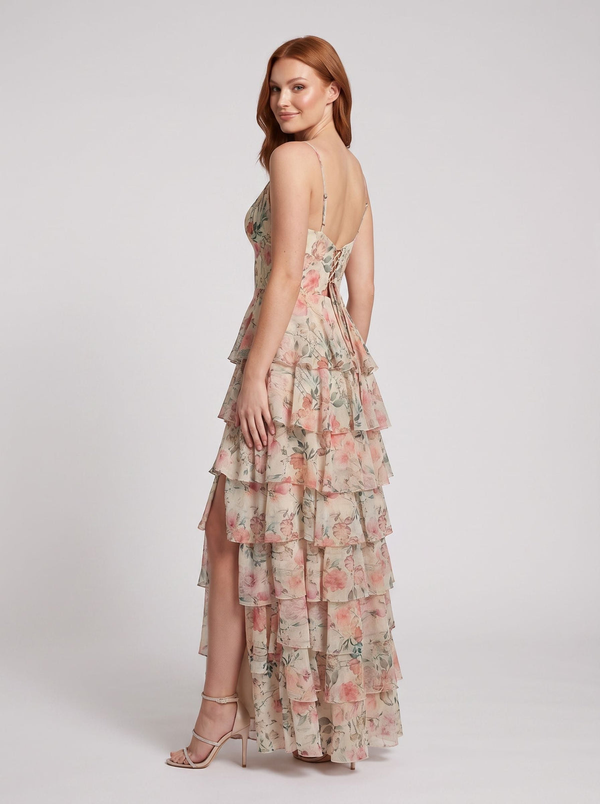 White Floral Chiffon A-Line V-Neck Lace-up Floor-Length Dress with Tiered Skirt and Slit - Curvevia