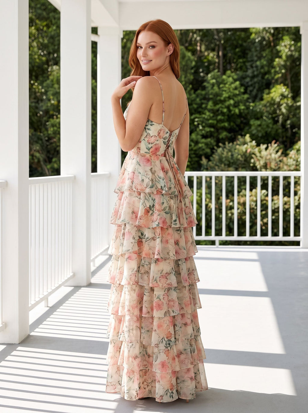White Floral Chiffon A-Line V-Neck Lace-up Floor-Length Dress with Tiered Skirt and Slit - Curvevia