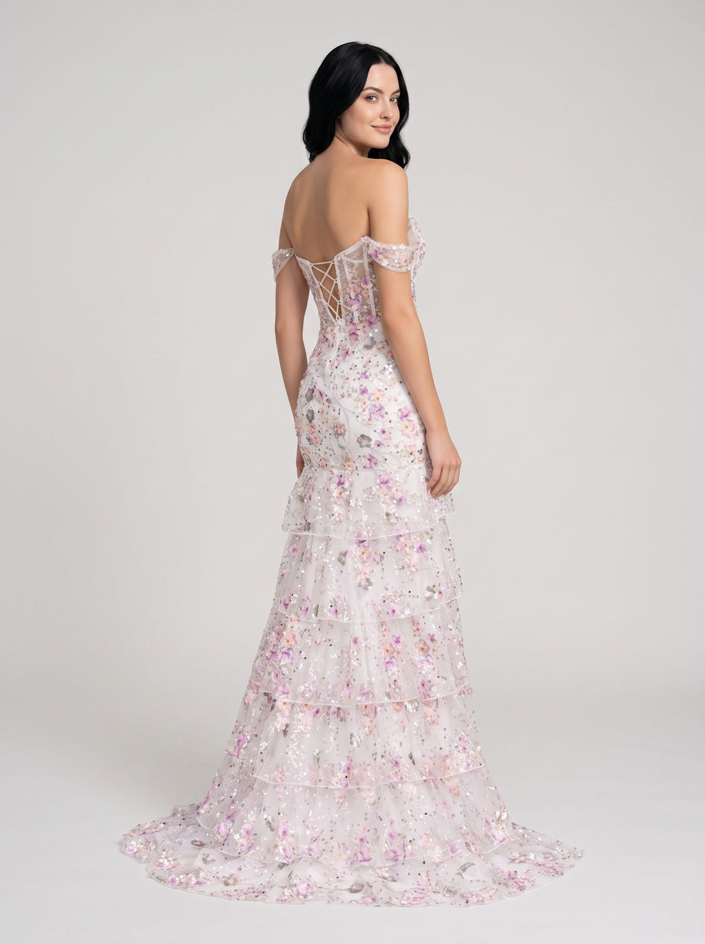 White Floral Tulle Mermaid Off-the-Shoulder Lace-up Floor-Length Dress with Embroidered Bodice - Curvevia