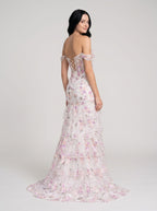 White Floral Tulle Mermaid Off-the-Shoulder Lace-up Floor-Length Dress with Embroidered Bodice - Curvevia