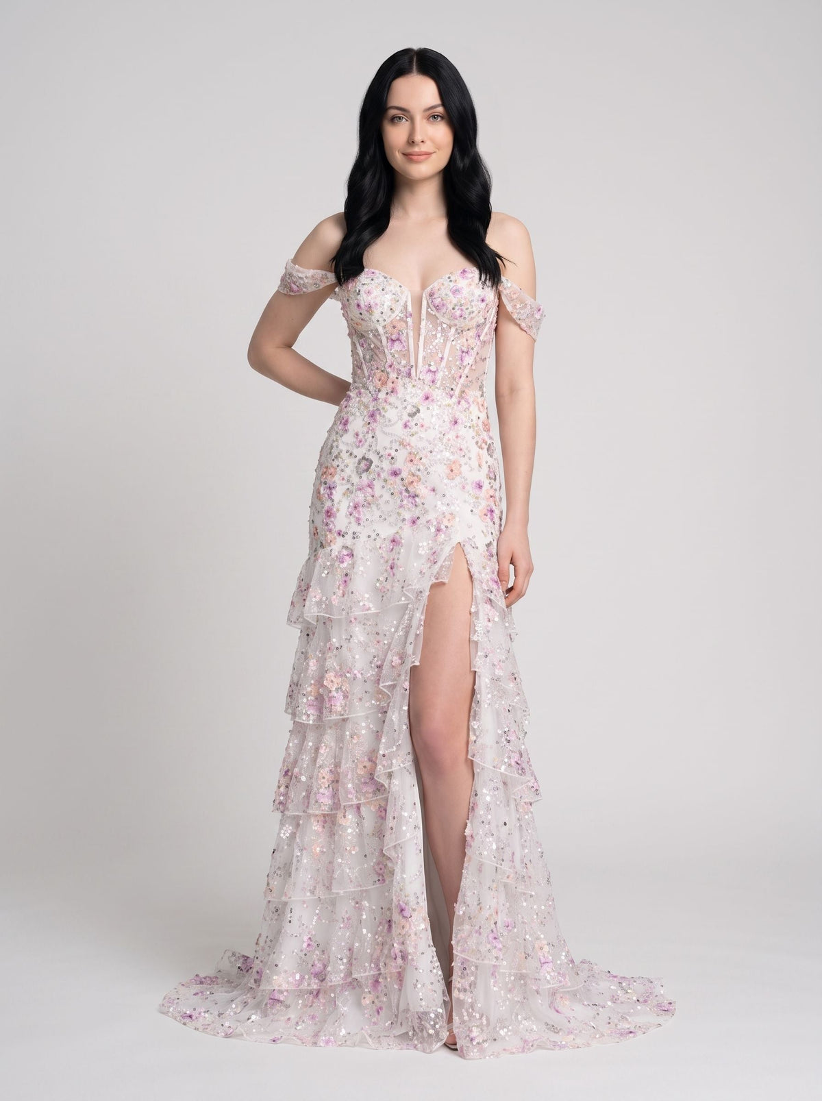 White Floral Tulle Mermaid Off-the-Shoulder Lace-up Floor-Length Dress with Embroidered Bodice - Curvevia