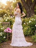 White Floral Tulle Mermaid Off-the-Shoulder Lace-up Floor-Length Dress with Embroidered Bodice - Curvevia