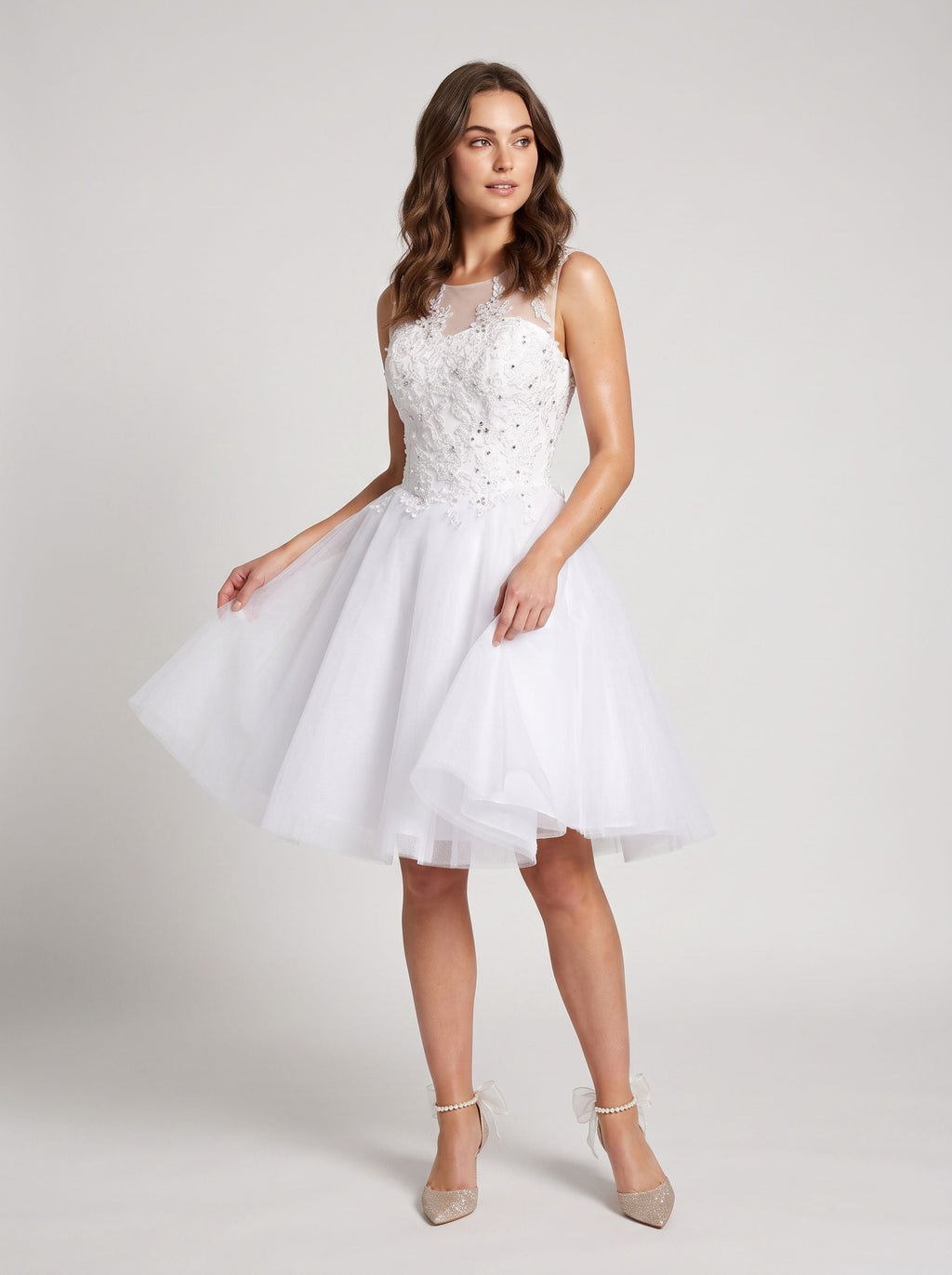 White Lace A-Line Scoop Neck Illusion Short Dress with Soft Pleating - Curvevia