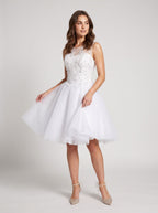 White Lace A-Line Scoop Neck Illusion Short Dress with Soft Pleating - Curvevia