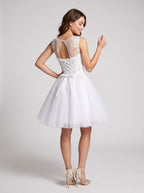 White Lace A-Line Scoop Neck Illusion Short Dress with Soft Pleating - Curvevia