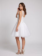 White Lace A-Line Scoop Neck Illusion Short Dress with Soft Pleating - Curvevia