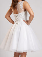 White Lace A-Line Scoop Neck Illusion Short Dress with Soft Pleating - Curvevia