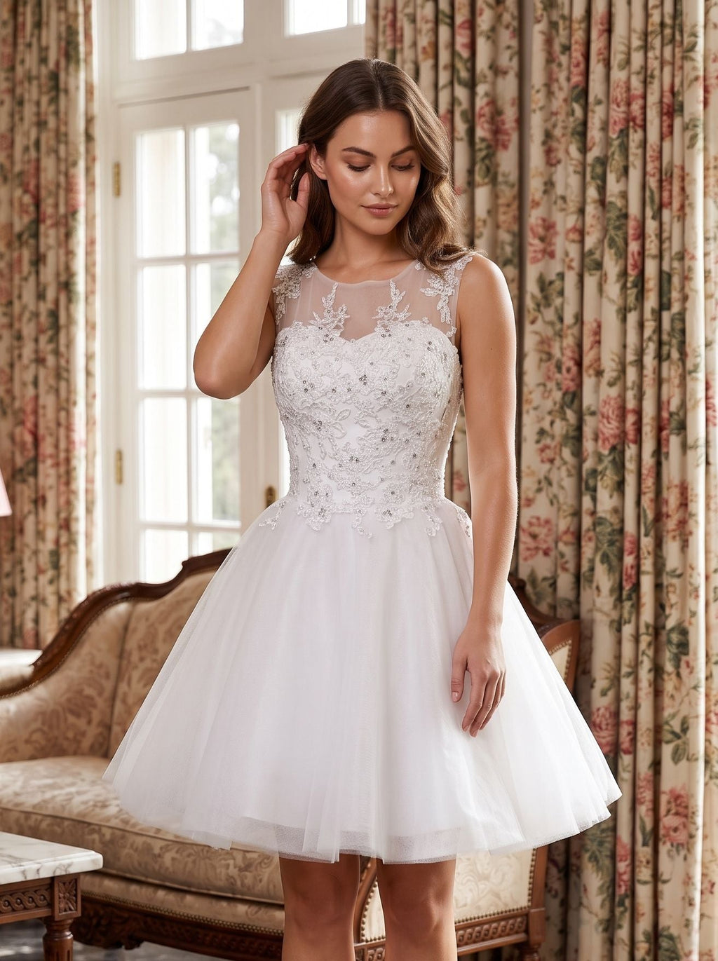 White Lace A-Line Scoop Neck Illusion Short Dress with Soft Pleating - Curvevia