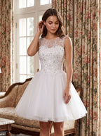 White Lace A-Line Scoop Neck Illusion Short Dress with Soft Pleating - Curvevia