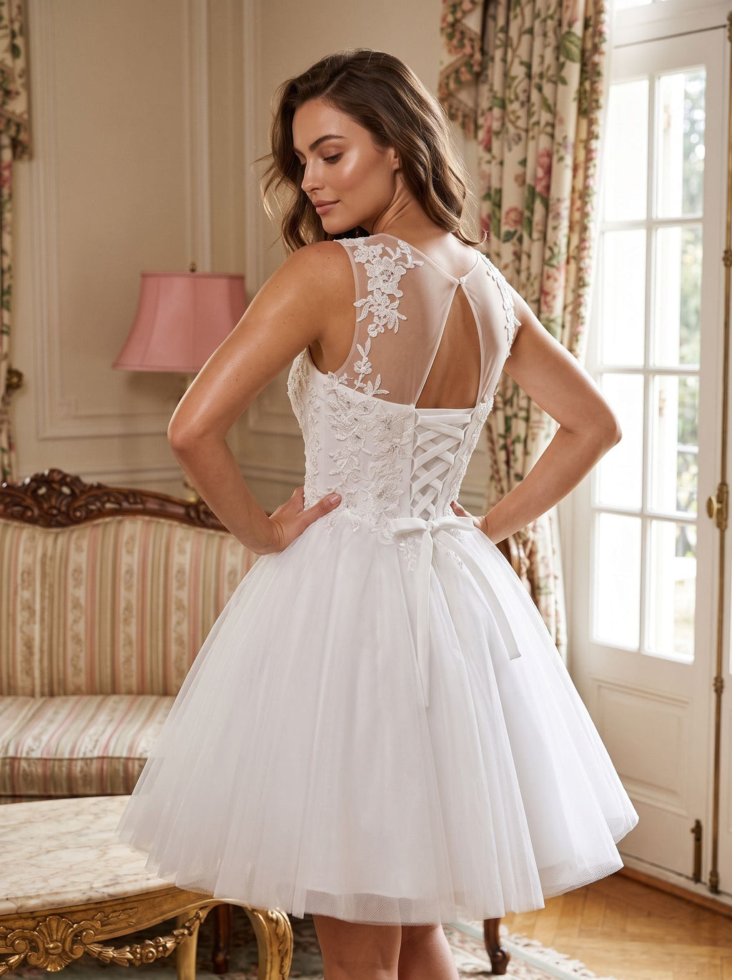 White Lace A-Line Scoop Neck Illusion Short Dress with Soft Pleating - Curvevia