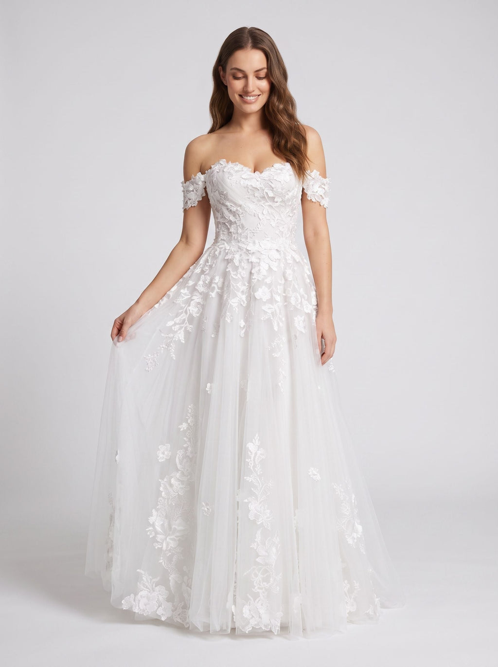 White Lace A-Line Off-the-Shoulder Back Zip Floor-Length Dress with Scalloped Trim - Curvevia