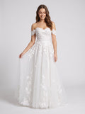 White Lace A-Line Off-the-Shoulder Back Zip Floor-Length Dress with Scalloped Trim - Curvevia