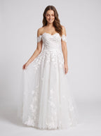 White Lace A-Line Off-the-Shoulder Back Zip Floor-Length Dress with Scalloped Trim - Curvevia
