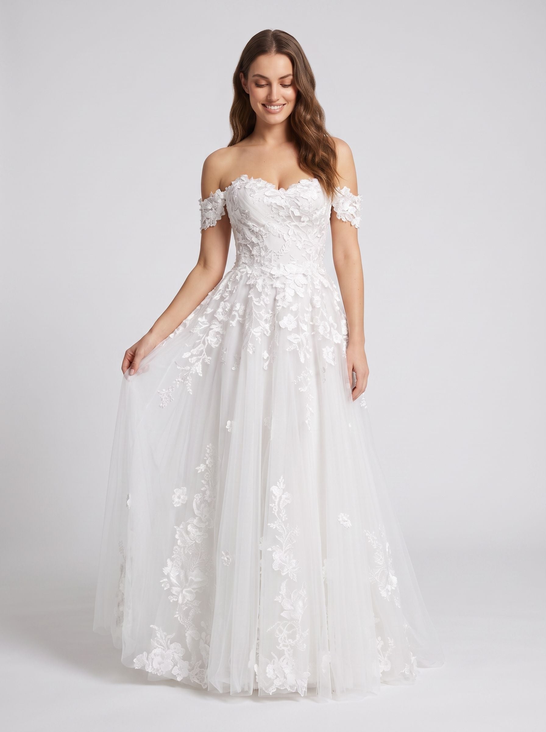 White Lace A-Line Off-the-Shoulder Back Zip Floor-Length Dress with Scalloped Trim - Curvevia