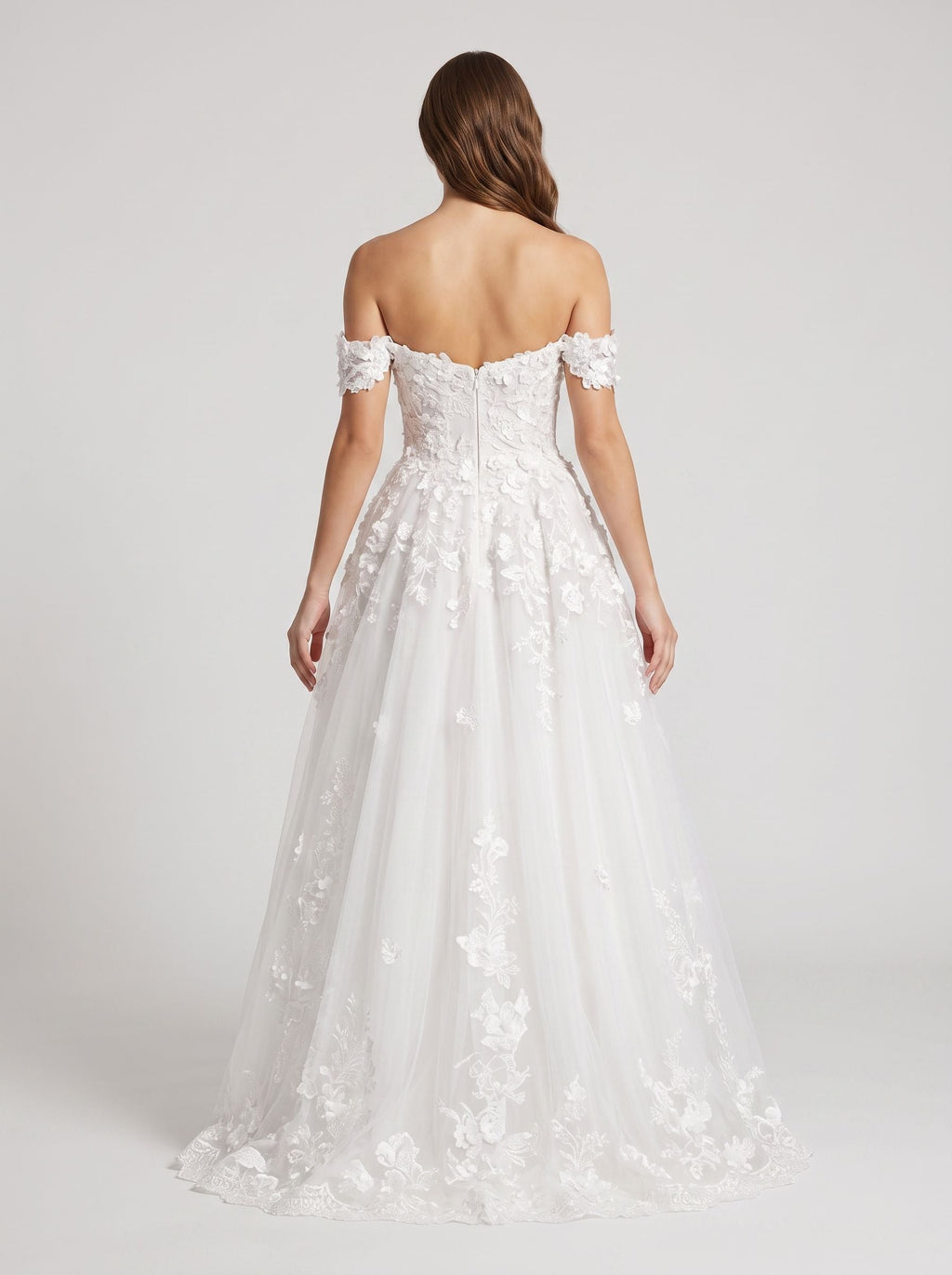 White Lace A-Line Off-the-Shoulder Back Zip Floor-Length Dress with Scalloped Trim - Curvevia