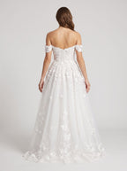 White Lace A-Line Off-the-Shoulder Back Zip Floor-Length Dress with Scalloped Trim - Curvevia