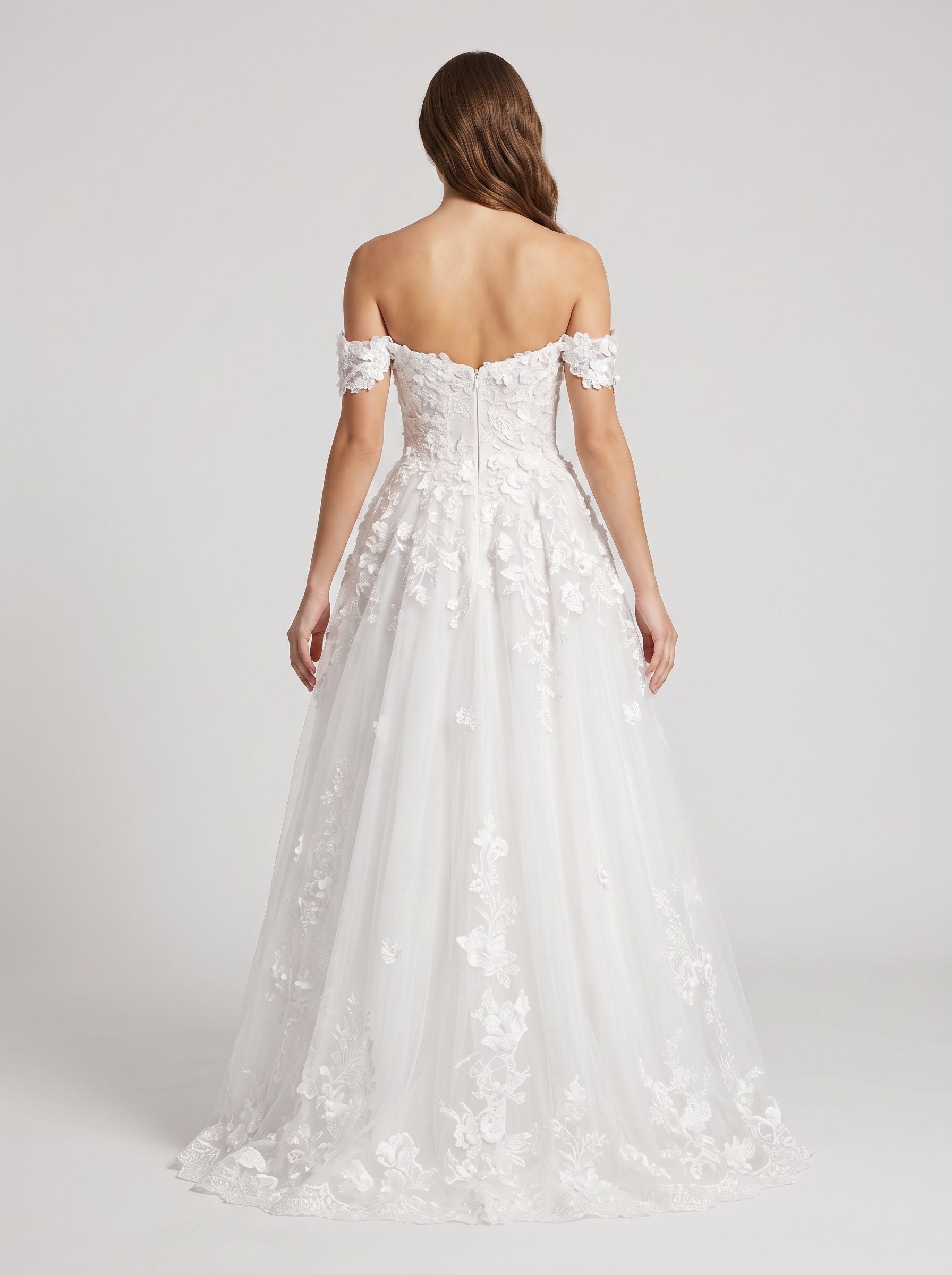 White Lace A-Line Off-the-Shoulder Back Zip Floor-Length Dress with Scalloped Trim - Curvevia