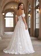 White Lace A-Line Off-the-Shoulder Back Zip Floor-Length Dress with Scalloped Trim - Curvevia