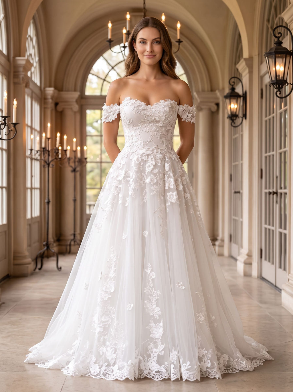 White Lace A-Line Off-the-Shoulder Back Zip Floor-Length Dress with Scalloped Trim - Curvevia