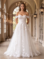 White Lace A-Line Off-the-Shoulder Back Zip Floor-Length Dress with Scalloped Trim - Curvevia