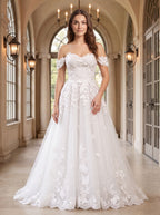 White Lace A-Line Off-the-Shoulder Back Zip Floor-Length Dress with Scalloped Trim - Curvevia