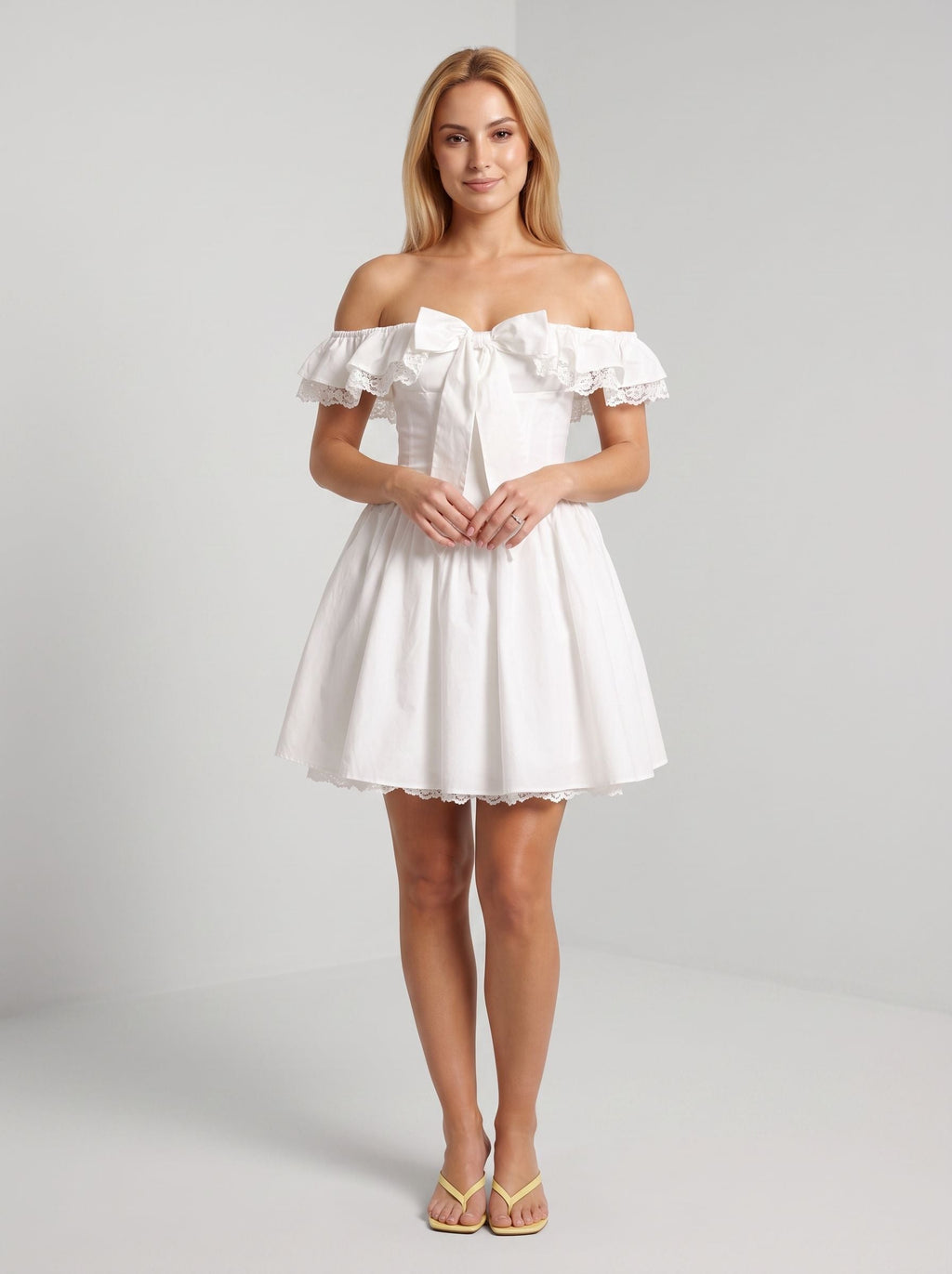 White Lace A-Line Off-the-Shoulder Back Zip Short Dress with a Bow Front - Curvevia