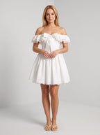 White Lace A-Line Off-the-Shoulder Back Zip Short Dress with a Bow Front - Curvevia