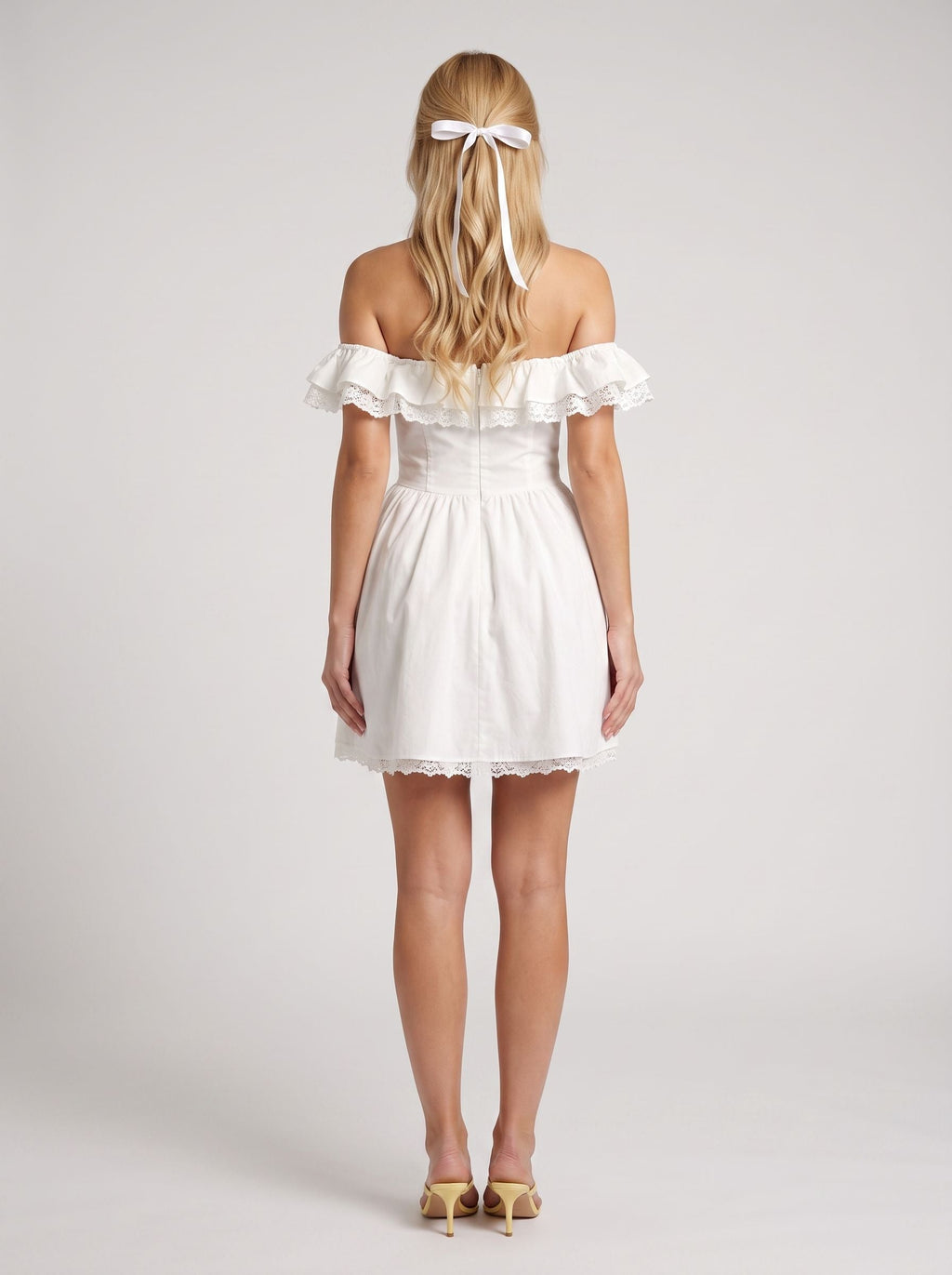 White Lace A-Line Off-the-Shoulder Back Zip Short Dress with a Bow Front - Curvevia