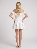 White Lace A-Line Off-the-Shoulder Back Zip Short Dress with a Bow Front - Curvevia