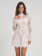 White Lace A-Line Scoop Neck Back Zip Short Dress with Long Sleeves - Curvevia