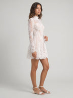 White Lace A-Line Scoop Neck Back Zip Short Dress with Long Sleeves - Curvevia