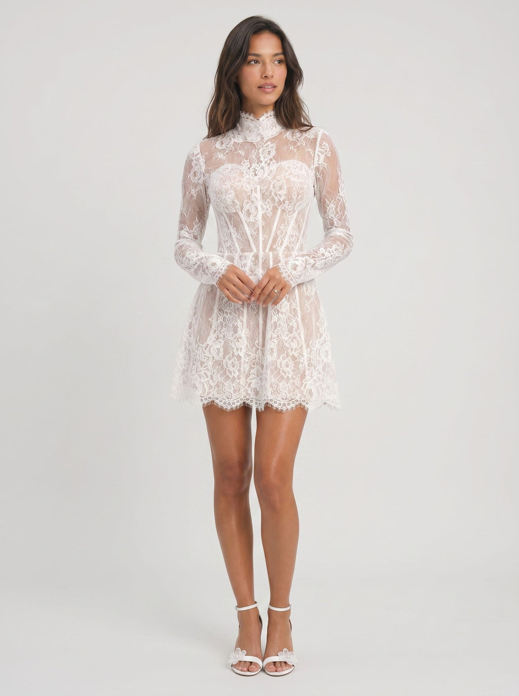 White Lace A-Line Scoop Neck Back Zip Short Dress with Long Sleeves - Curvevia