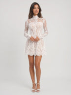 White Lace A-Line Scoop Neck Back Zip Short Dress with Long Sleeves - Curvevia