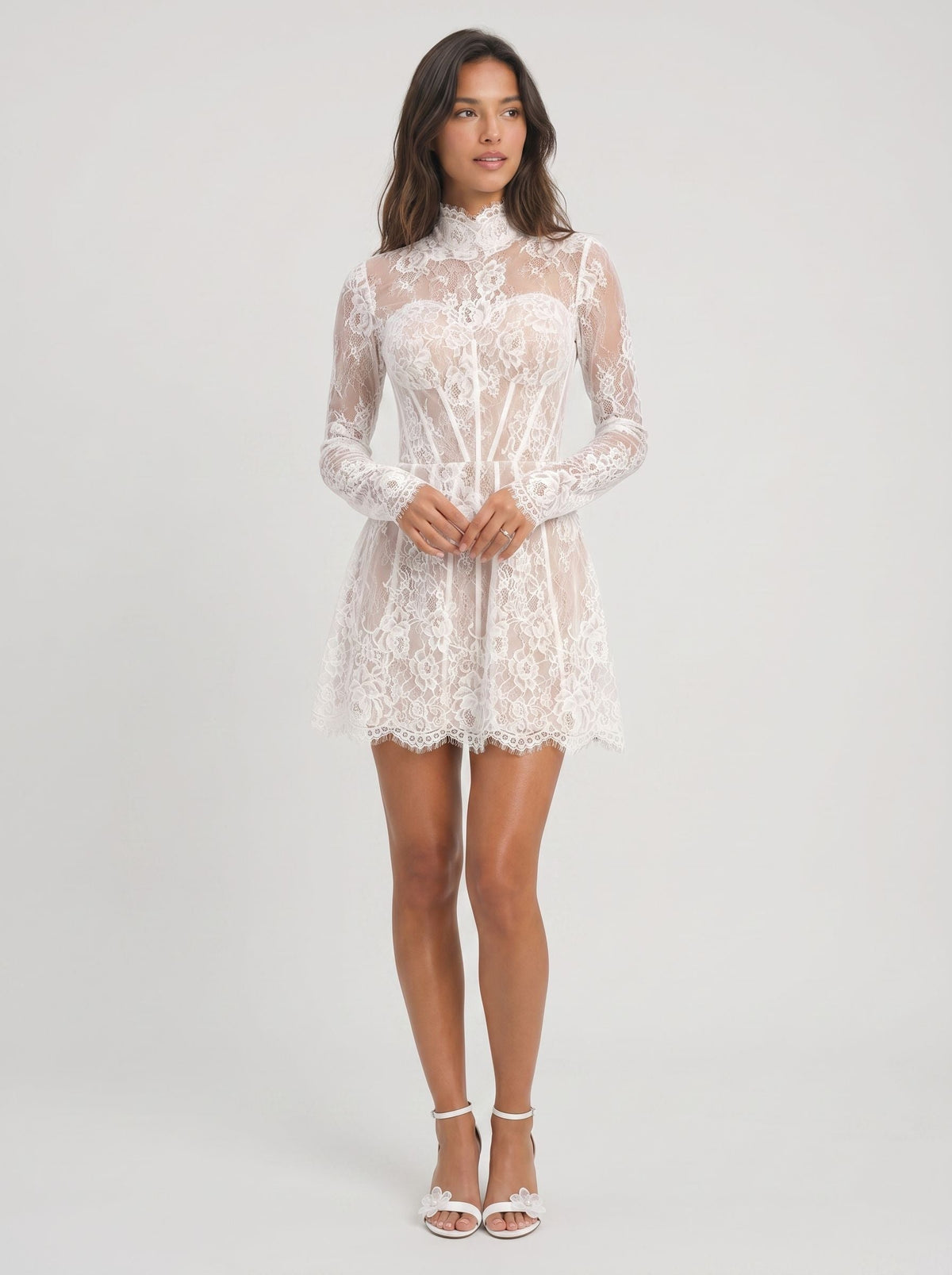 White Lace A-Line Scoop Neck Back Zip Short Dress with Long Sleeves - Curvevia