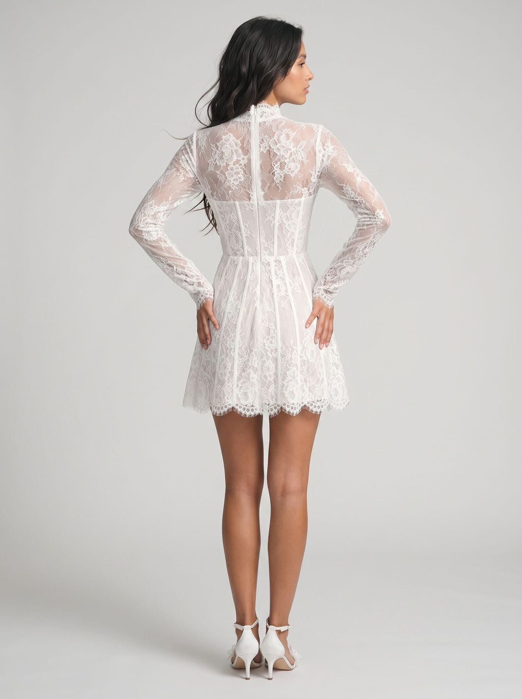 White Lace A-Line Scoop Neck Back Zip Short Dress with Long Sleeves - Curvevia