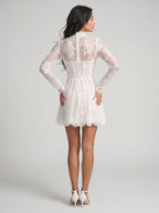 White Lace A-Line Scoop Neck Back Zip Short Dress with Long Sleeves - Curvevia