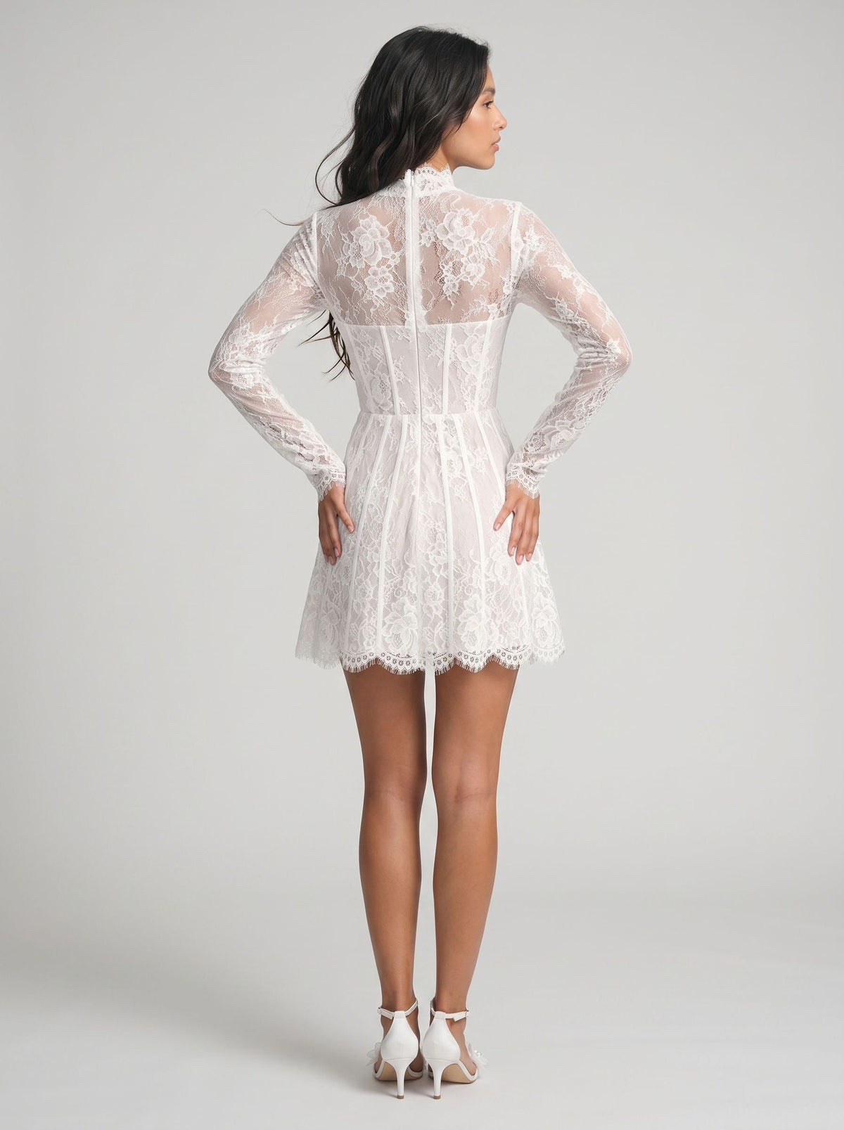 White Lace A-Line Scoop Neck Back Zip Short Dress with Long Sleeves - Curvevia