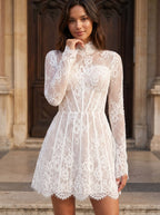White Lace A-Line Scoop Neck Back Zip Short Dress with Long Sleeves - Curvevia