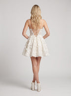 White Lace A-Line Sweetheart Lace-up Short Dress with 3D Floral - Curvevia