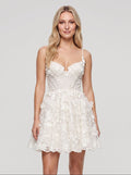 White Lace A-Line Sweetheart Lace-up Short Dress with 3D Floral - Curvevia
